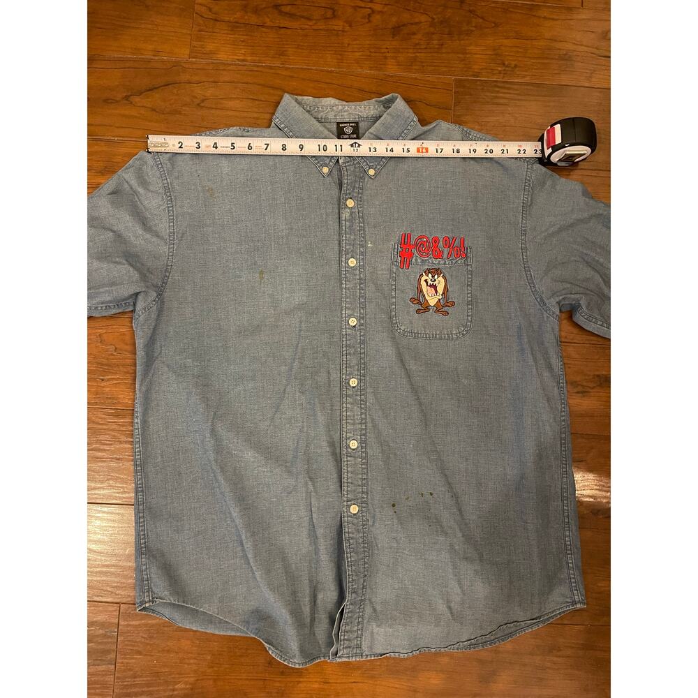VTG 90s Warner Bros Denim Shirt Mens Size XL Button Up Blue Taz Looney Tunes - Picture 9 of 12